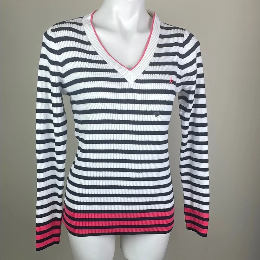 Nautica V-Neck Sweater Navy Seas Pink Stripe Knit